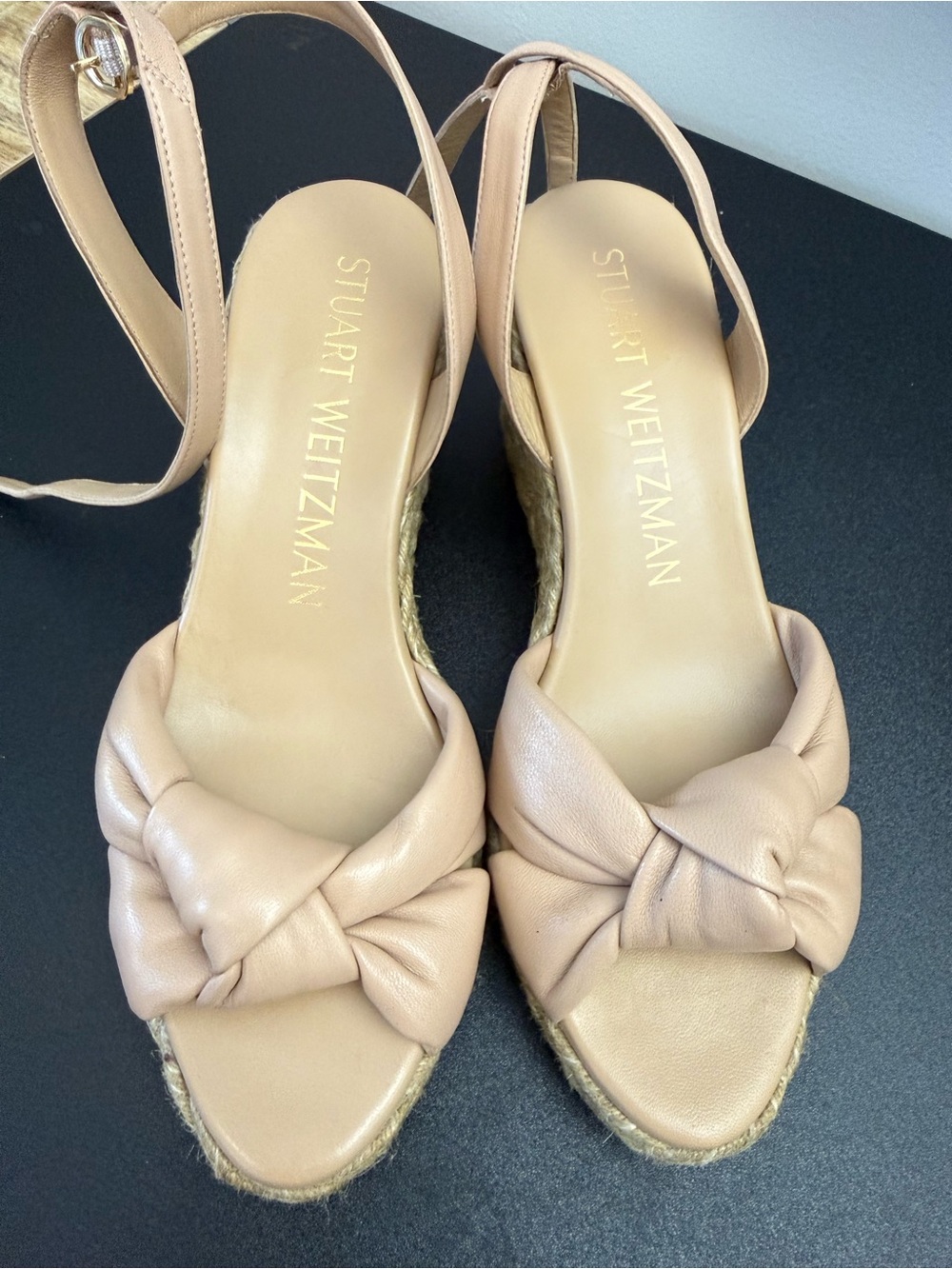 Stuart Weitzman Nude Blush Knotted Espadrille Wedge Sandals